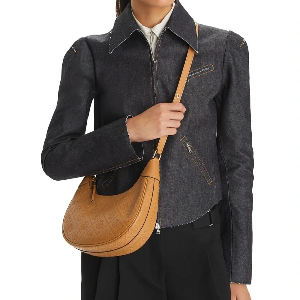 Tory Burch T Monogram Leather Crescent Bag Brown Embossed Hobo Bag